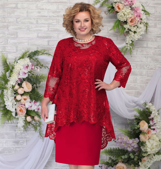 Комплект из платья и асимметричной кружевной блузки, красный