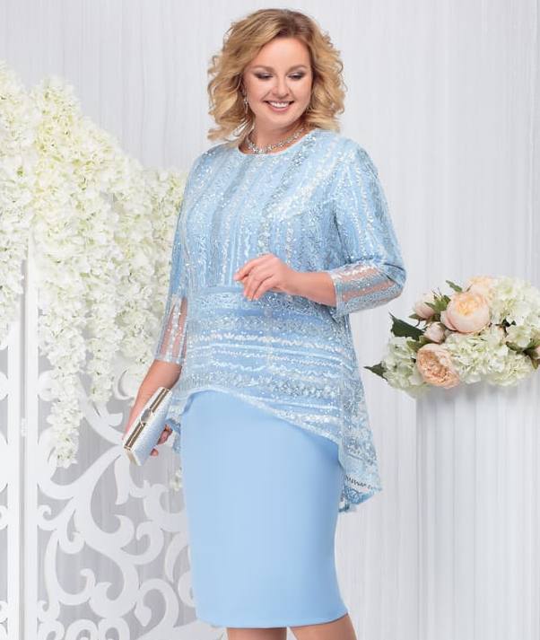 Комплект из платья и гипюровой блузы с россыпью пайеток, голубой