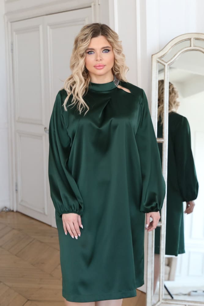 Атласное платье с пайетками на воротнике, зеленое