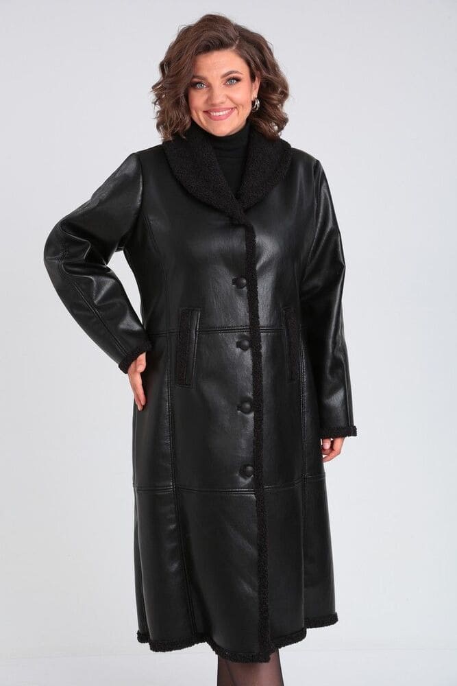Кожаное пальто с шалевым воротником, черное