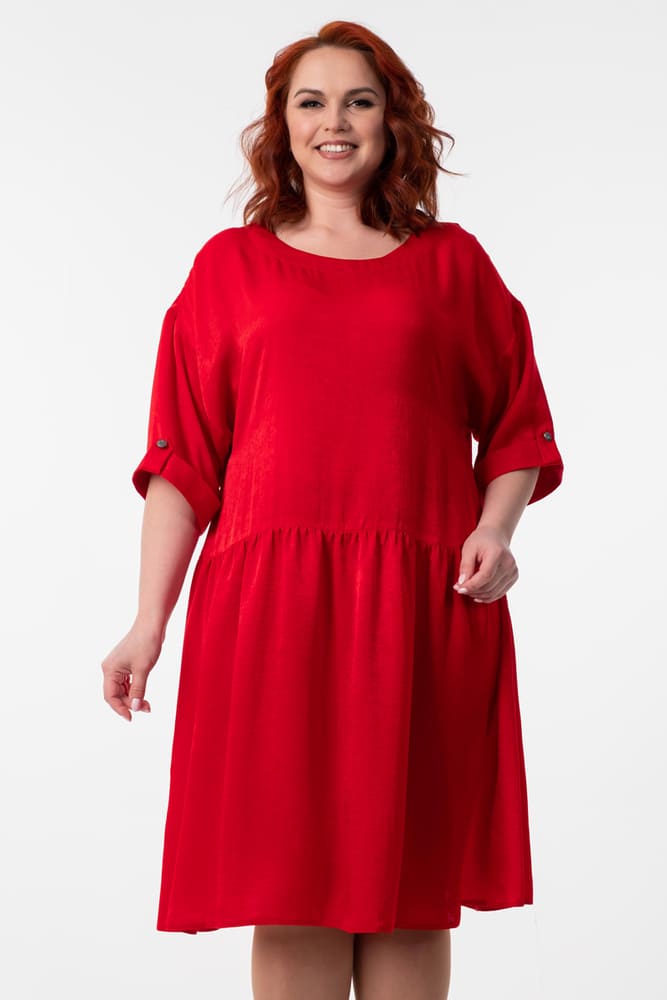 Платье со спущенным плечом и косым подрезом, красное