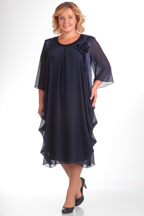 Свободное драпированное платье с цветком, темно-синее