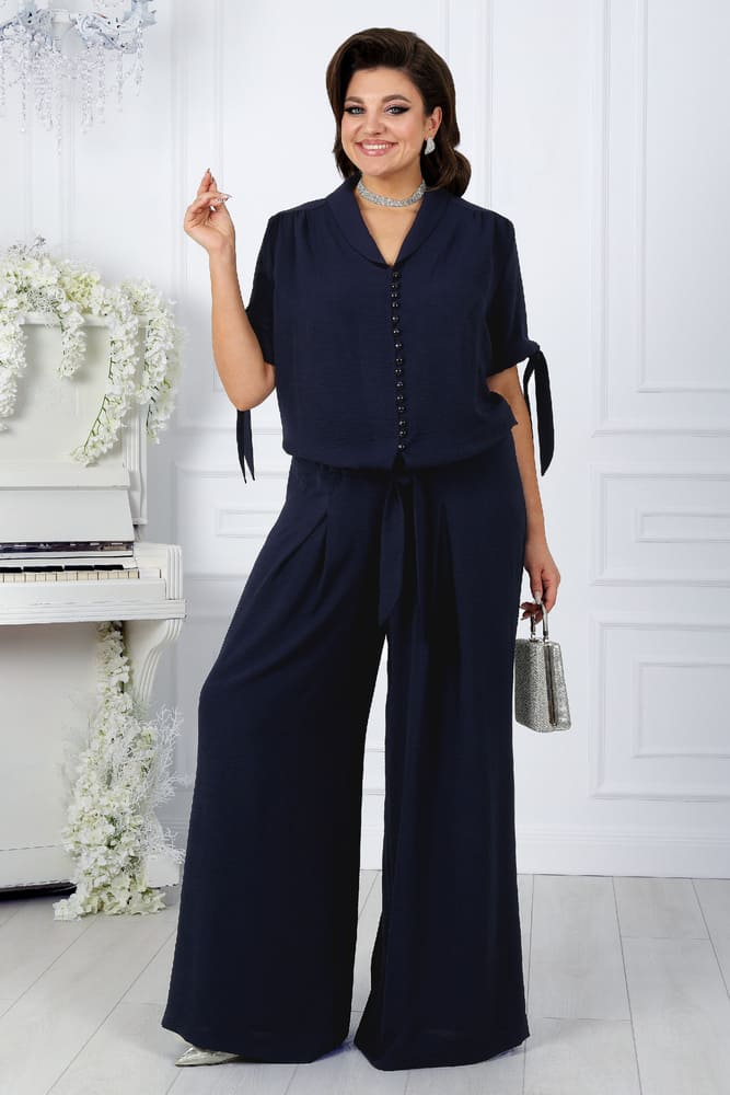 Комплект из широких брюк и блузки с кулисой на рукаве, темно-синий