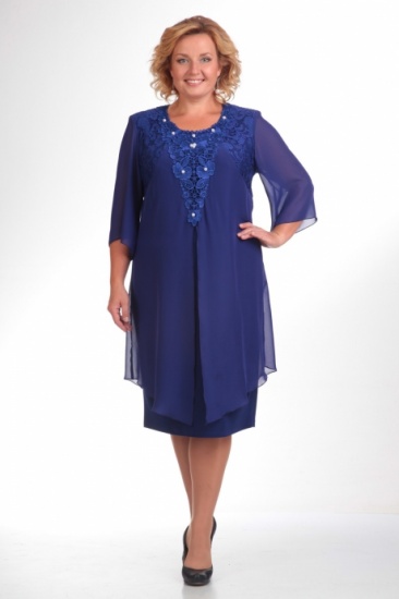 Трикотажное платье с шифоновыми рукавами и кружевной деталью, синее