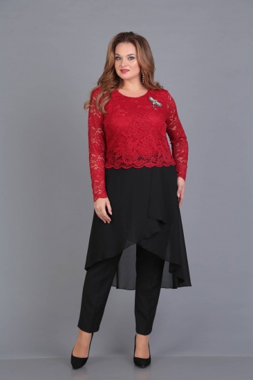 Комплект из брюк и длинной блузки с наложением гипюра, черный с красным