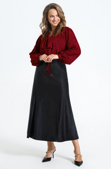 Комплект из кожаной юбки с разрезами и блузки, черный с красным