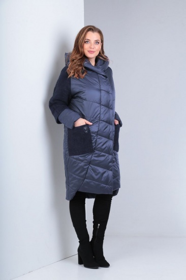 Комбинированное пальто с асимметричным низом, синее
