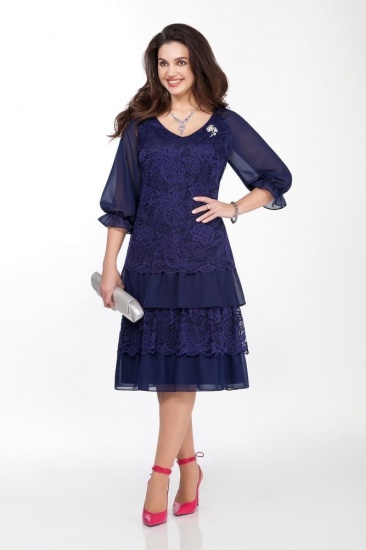 Комбинированное платье с резинкой на рукаве, темно-синее