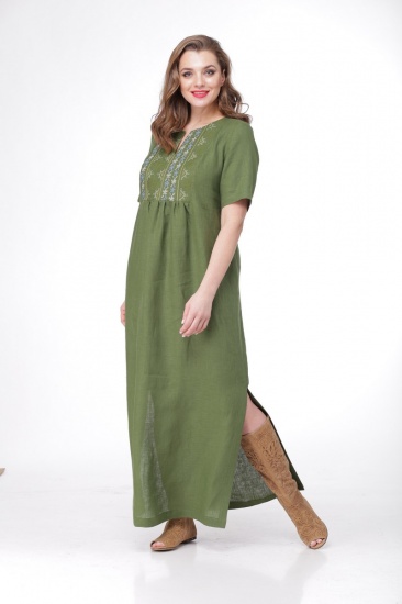 Свободное платье в пол с оригинальной вышивкой, зеленое