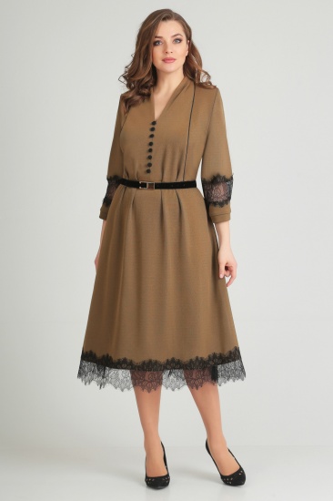 Расклешенное платье с отделочным кружевом, коричневое