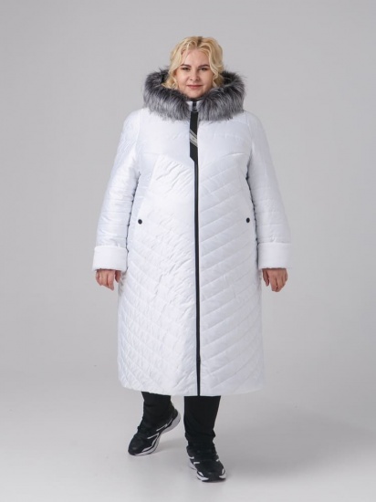 Длинное зимнее пальто с эко-мехом чернобурки, белое