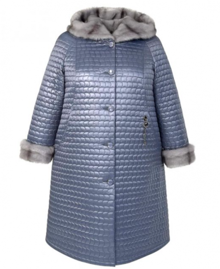 Зимнее пальто с геометрической стежкой и мехом, синее