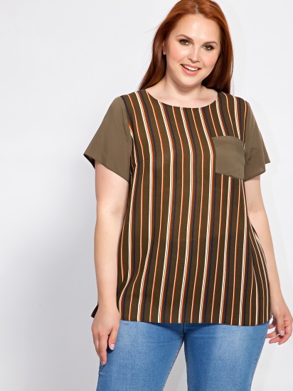 Блузка в полоску с однотонными рукавами, коричневая