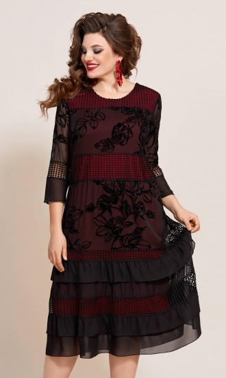 Двухслойное платье с воланами и подрезами, черное с красным