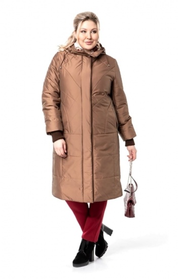 Пальто с горизонтальной стежкой и капюшоном, коричневое