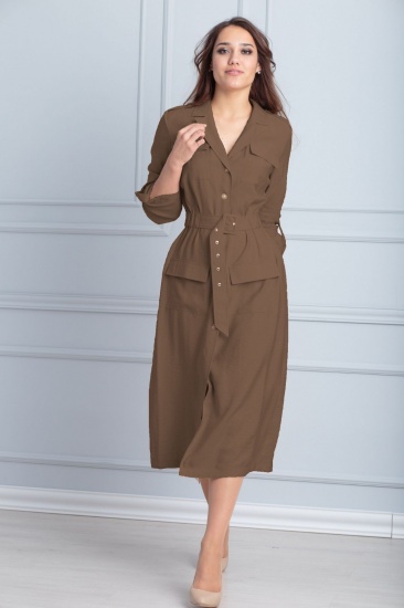 Приталенное платье с накладными карманами и поясом, капучино