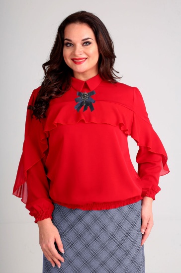 Свободная блуза с воланом и украшением, красная