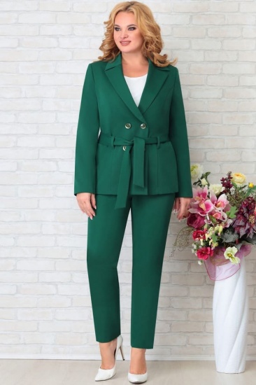 Комплект из брюк и двубортного жакета, зеленый