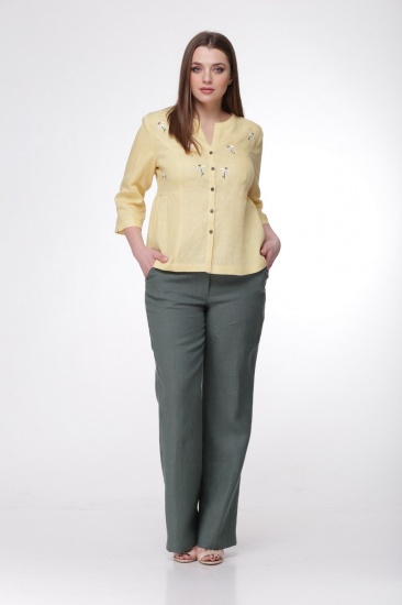 Комплект из прямых брюк и блузы с вышивкой, желтый с зеленым