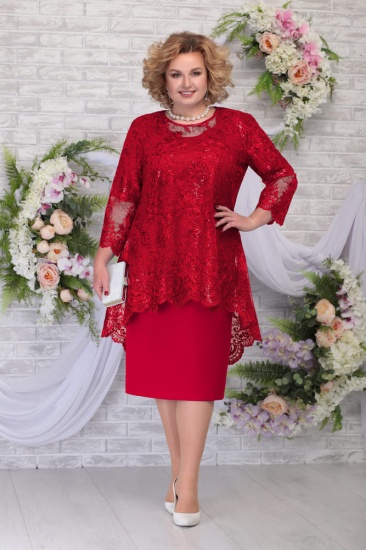 Комплект из платья и асимметричной кружевной блузки, красный