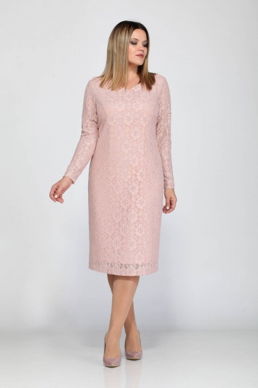 Приталенное кружевное платье с длинным рукавом, розовое