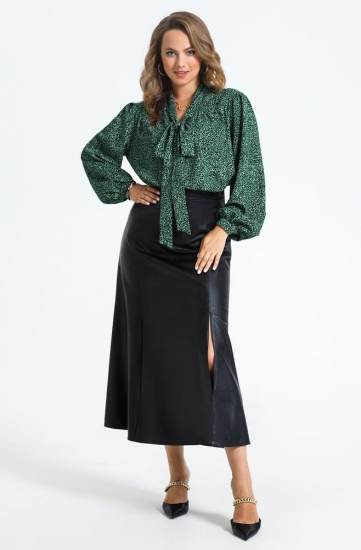 Комплект из кожаной юбки с разрезами и блузки, черный с зеленым