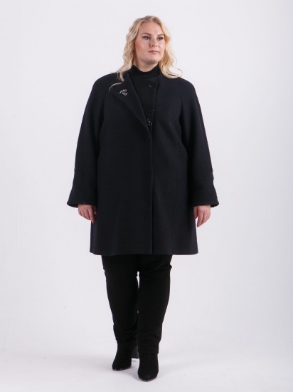 Драповое пальто с декоративным отложным бортом и брошью, черное