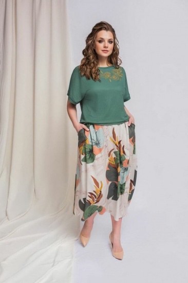 Комплект из расклешенной юбки и блузки с печатью, зеленый