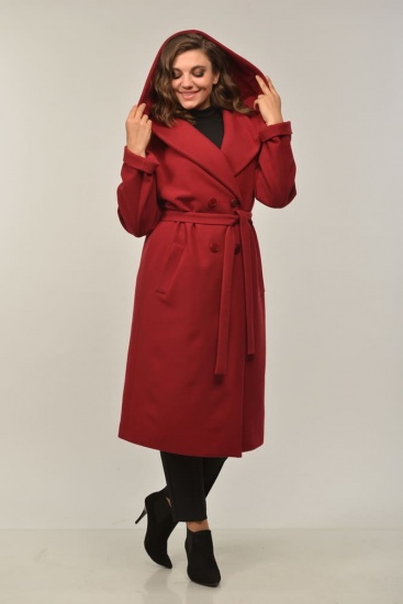 Двубортное пальто с поясом, красное