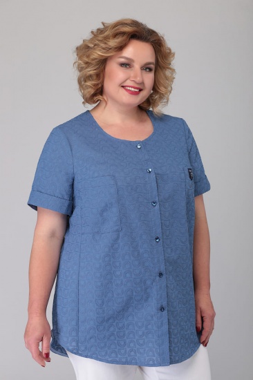 Легкая блузка из шитья с коротким рукавом, синяя