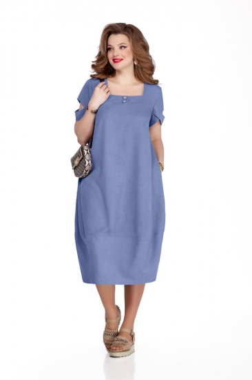 Свободное льняное платье с фигурным рукавом, синее