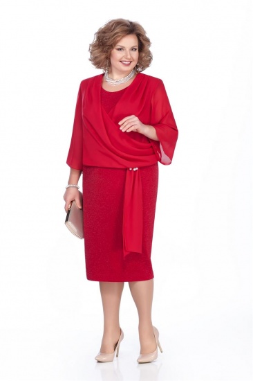 Трикотажное платье с заложенным в складки шифоном, красное