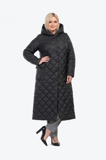 Длинное стеганое пальто с накладными карманами, черное
