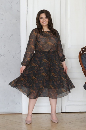 Шифоновое платье с поясом, черно-коричневое