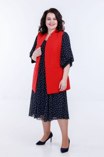 Комплект из платья с объемным рукавом и жилета, синий с красным