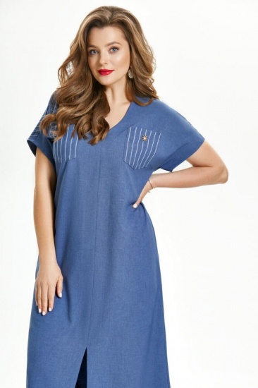 Длинное льняное платье с высоким разрезом, синее