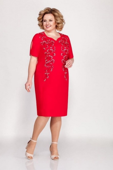 Платье с оригинальным рукавом и печатью, красное