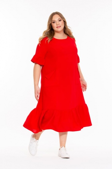 Расклешенное платье с накладными карманами, красное