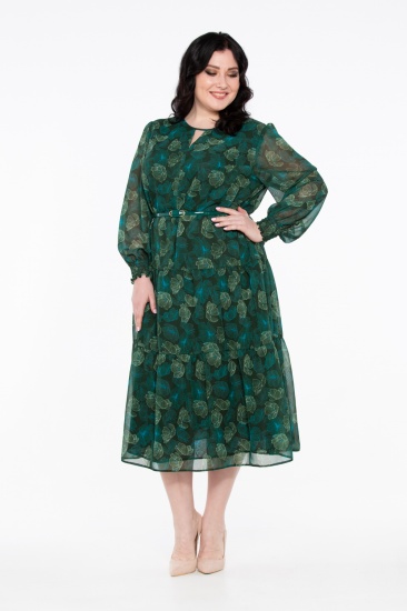 Шифоновое платье на подкладке со съемным поясом, зеленое