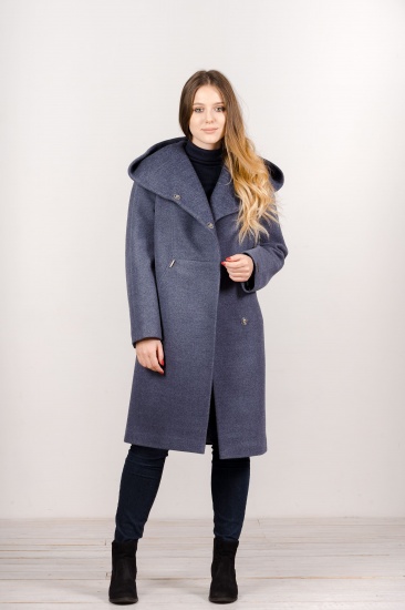 Демисезонное пальто с крупной отделочной строчкой, серо-голубое
