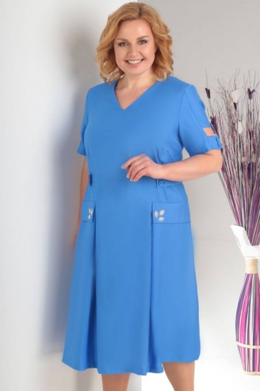 Расклешенное платье со съемным поясом и коротким рукавом, голубое