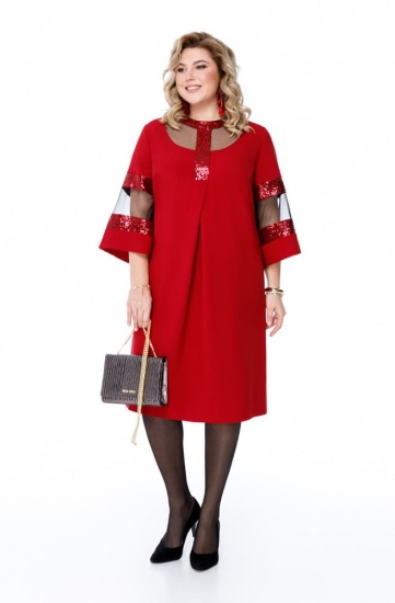 Расклешенное платье с декором сеткой и пайетками, красное