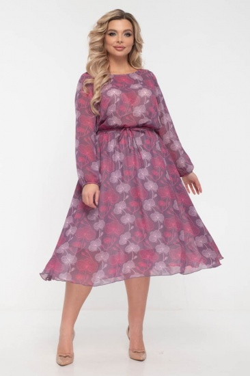 Шифоновое платье с поясом, розово-фиолетовое
