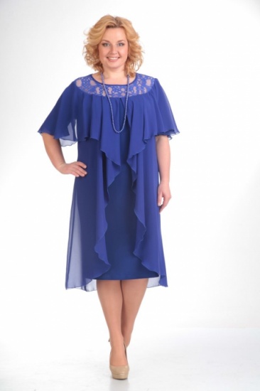 Платье с имитацией перелины и гипюровой горловиной, синее