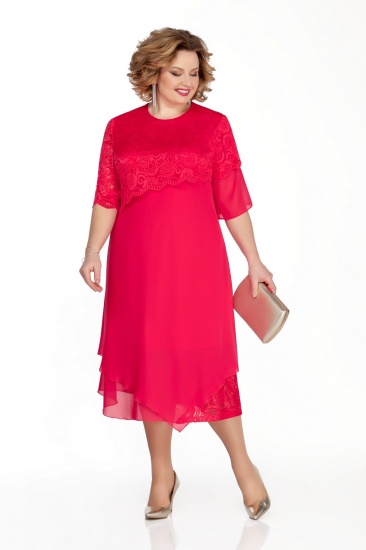 Шифоновое платье на подкладке с гипюровым декором, красное