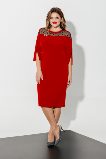 Платье с прозрачной кокеткой и разрезами на рукавах, красное
