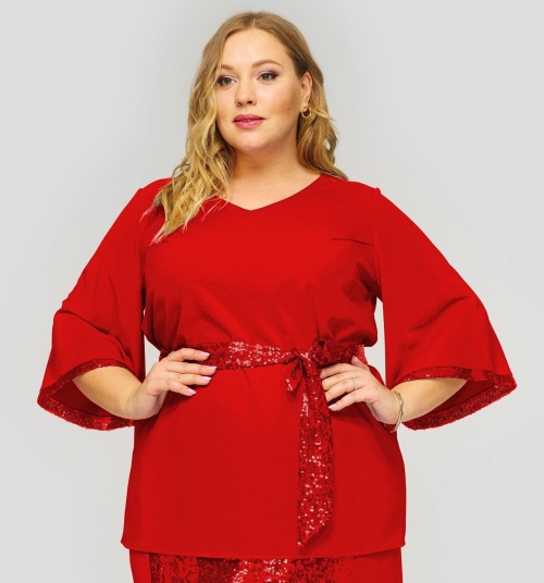 Прямая блузка с отделкой пайетками и поясом, красная