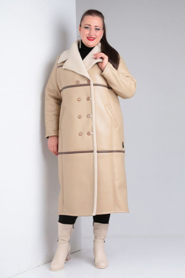 Длинное кожаное пальто с контрастной отделкой, бежевое