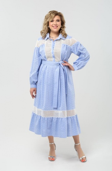 Свободное платье с декором шитьем, голубое
