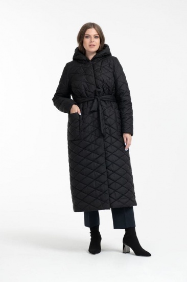 Длинное пальто с капюшоном и поясом, черное